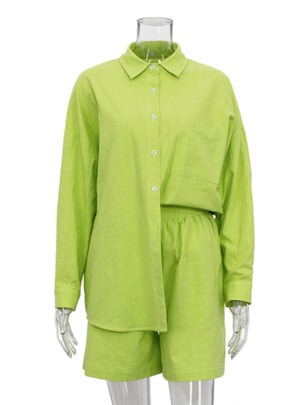 Women's Long Sleeve Lapel Shirt and Shorts Set