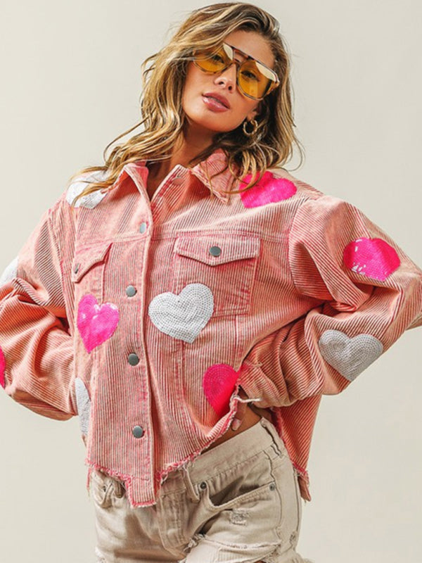 Valentine's Day Love Sequin Jacket Raw Edge Corduroy Women's Jacket