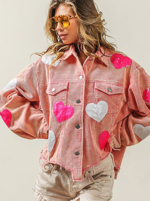 Valentine's Day Love Sequin Jacket Raw Edge Corduroy Women's Jacket