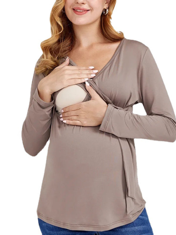 Women Long Sleeve Wrap Tie Maternity Blouse