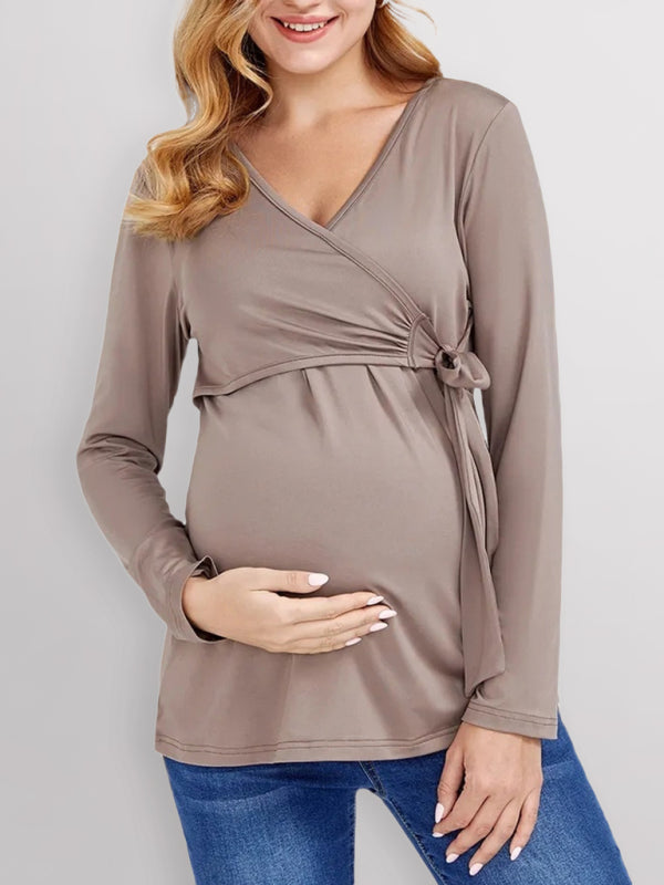 Women Long Sleeve Wrap Tie Maternity Blouse