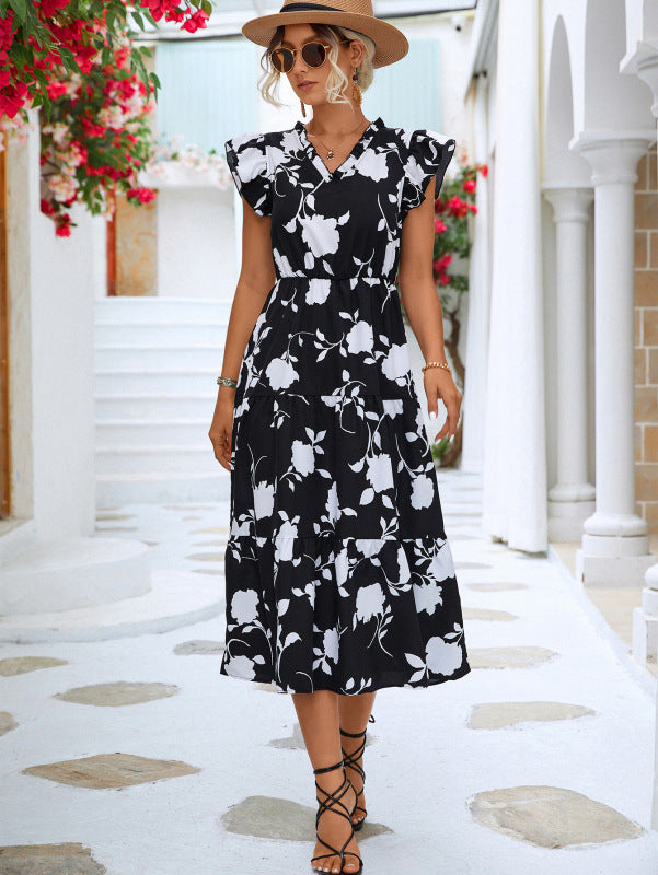 Women's V-neck Printed Flying Sleeve Dress